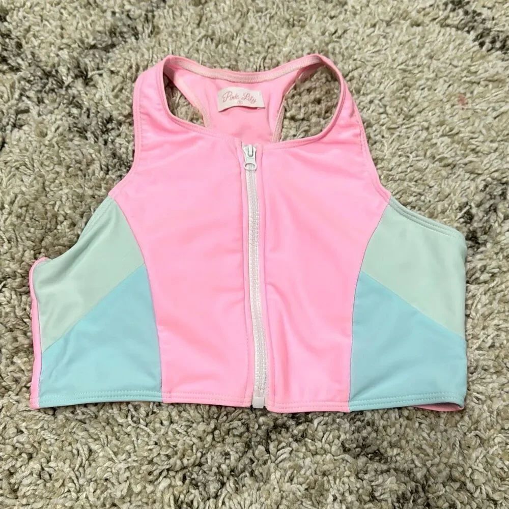 Pink Lily Women’s Pink Multi Bikini Zip Top Size Small NEW